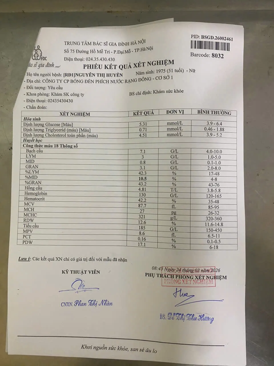 Kết quả xét nghiệm Máu - Hóa sinh – Huyết học & Miễn dịch của chị Huyền